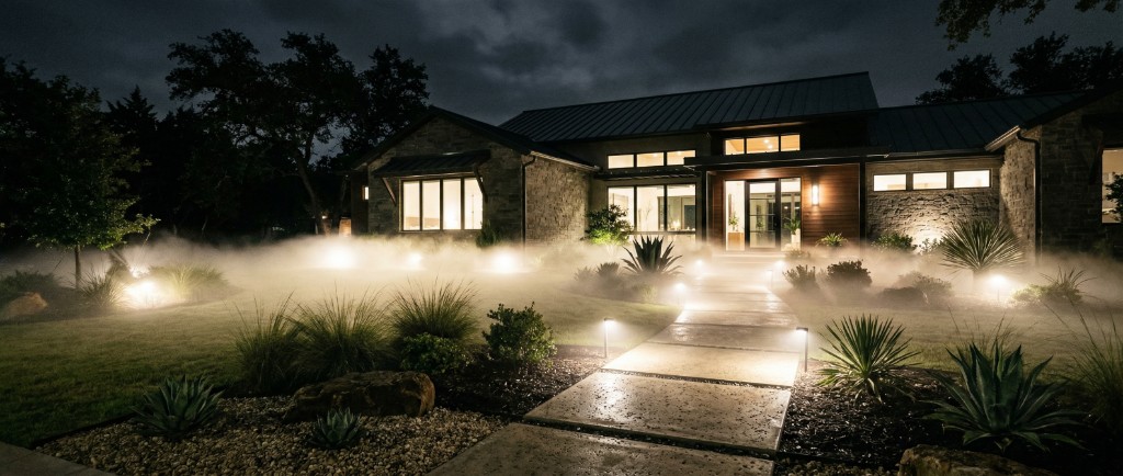 Modern DFW home with ground fog system illuminated by landscape lighting at night