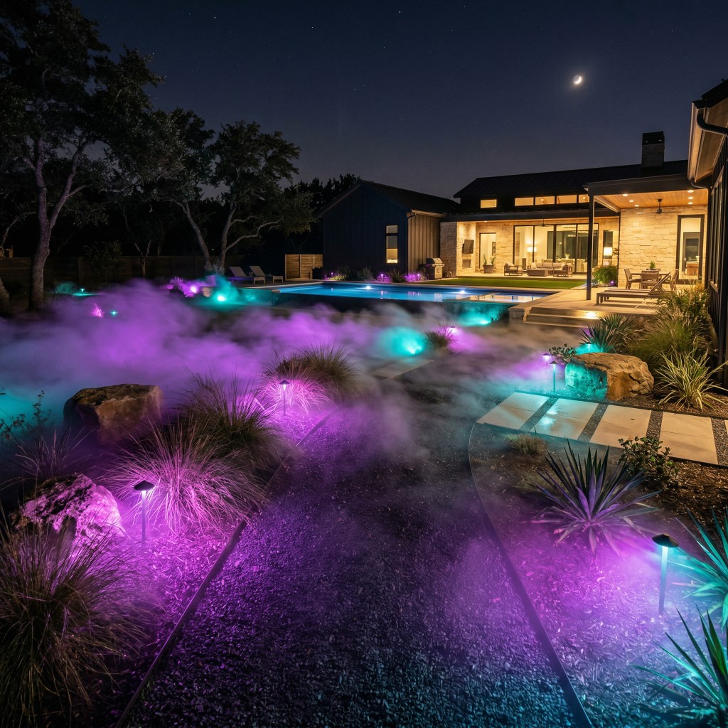 Premium fog system with purple and teal RGBW LED ground lighting at night