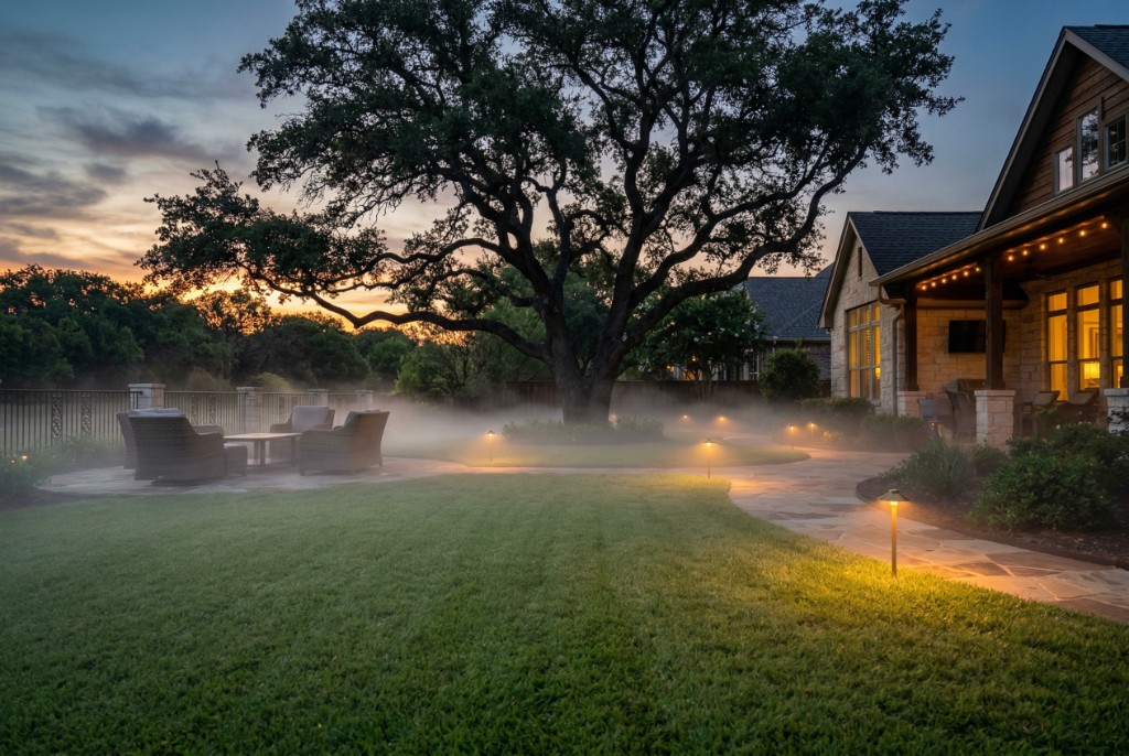Ground fog rolling across a residential lawn at sunset with landscape lighting