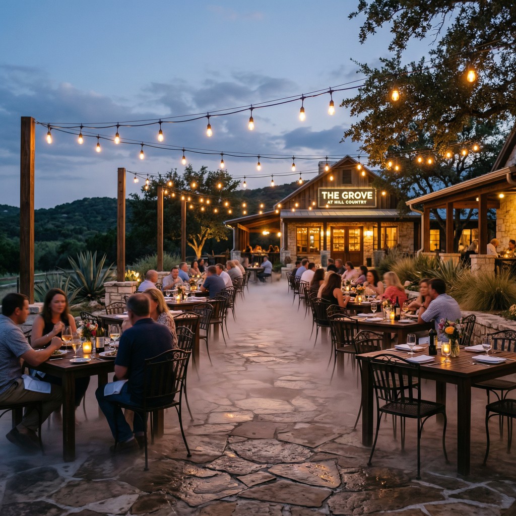 Fog rolling across a restaurant patio with string lights and diners