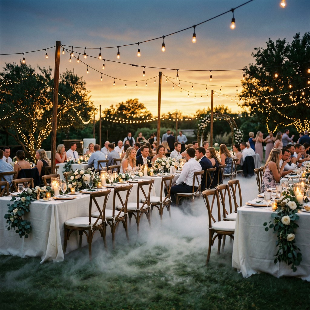 Ground fog beneath tables at an outdoor wedding reception under string lights
